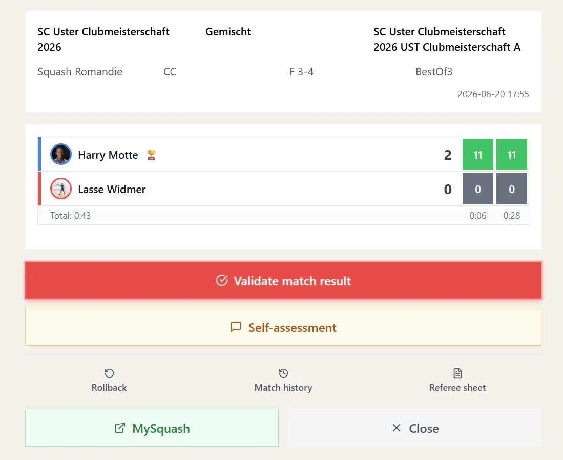 Écran de fin de match dans l'application
