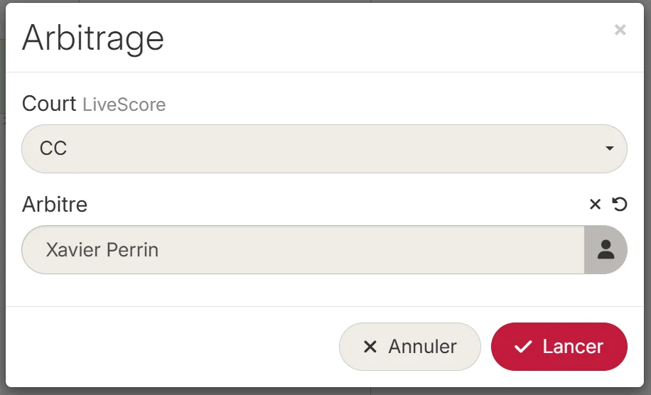 Modale d'arbitrage en tournoi