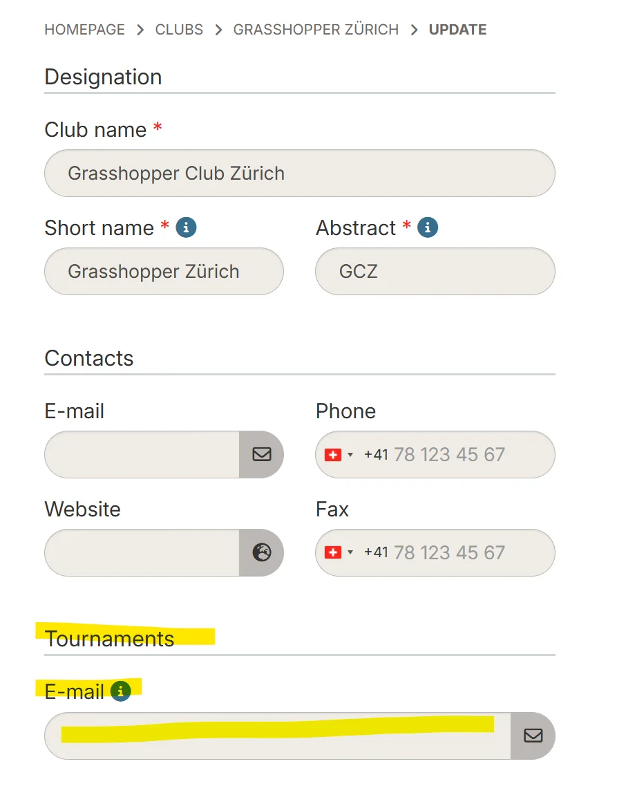 Configuration de l'adresse e-mail tournois