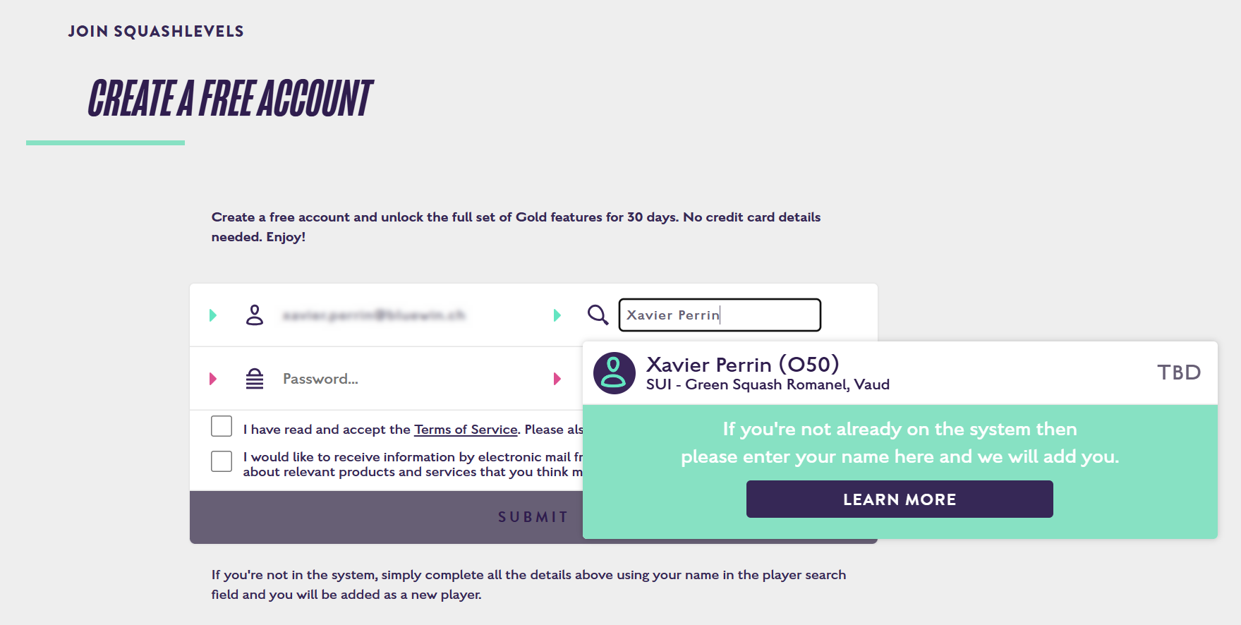 Création de compte SquashLevels