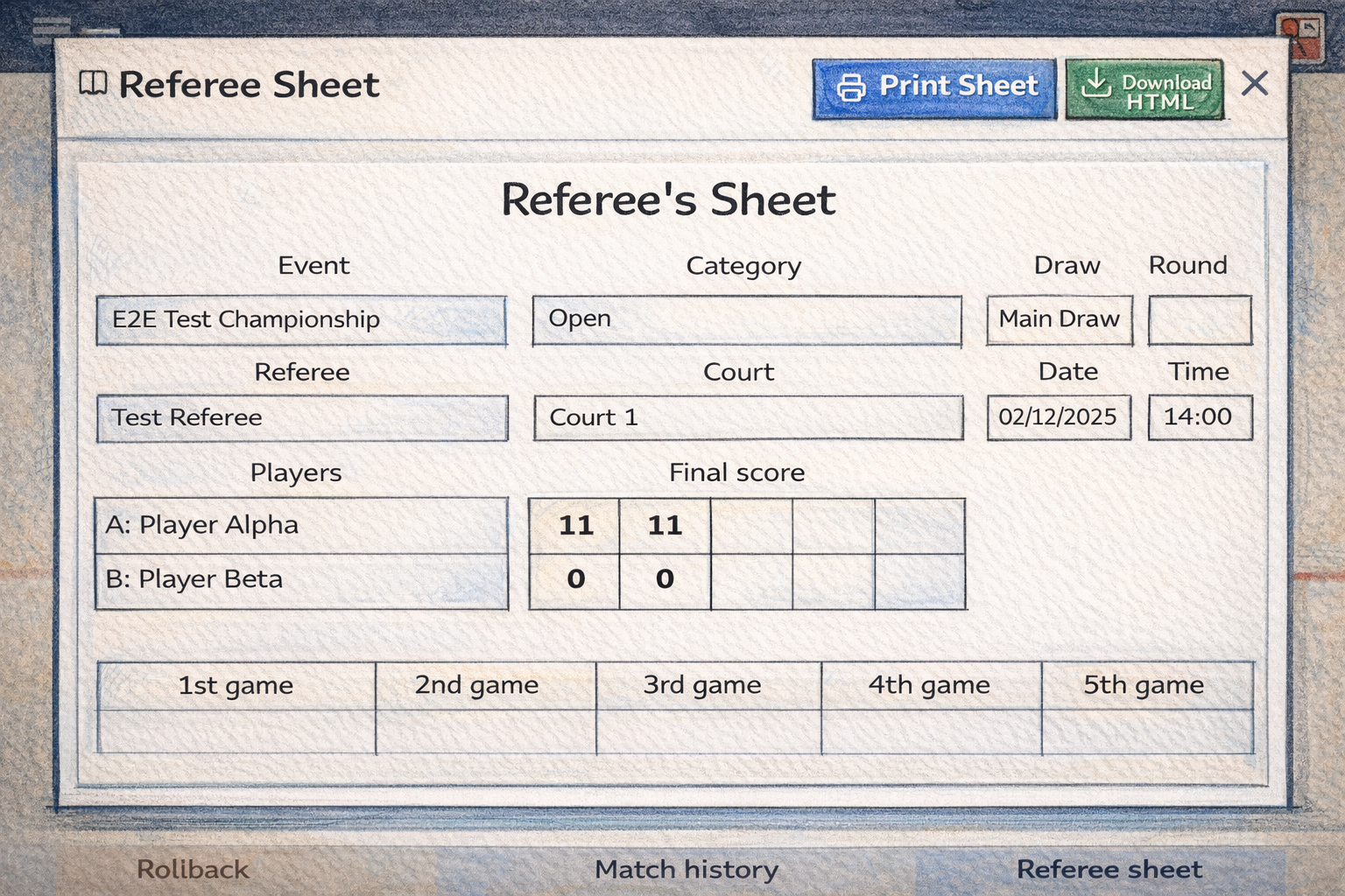 Referee sheet